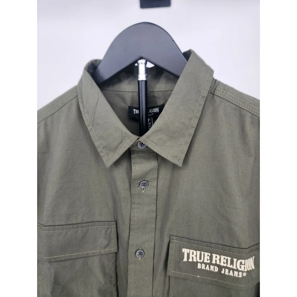 True Religion Mens Olive Green Short Sleeve Button Down Utility Shirt Size M NWT